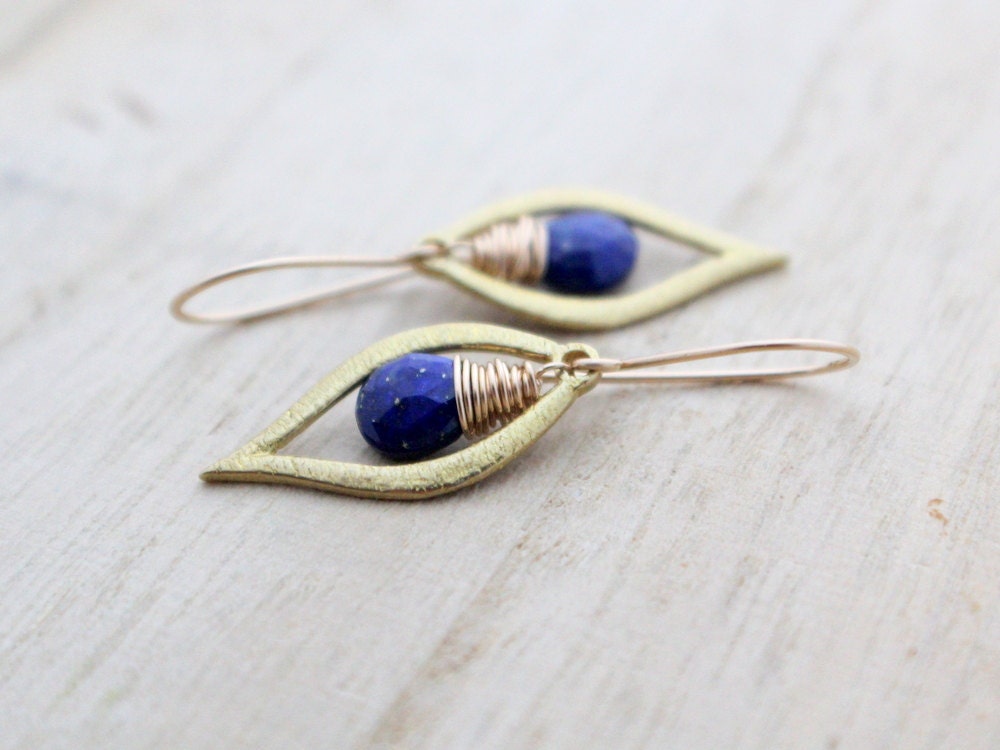 Lapis Lazuli Lotus Leaf Dangle Earrings, 14k Gold Filled, Botanical Summer Fashion - Dew