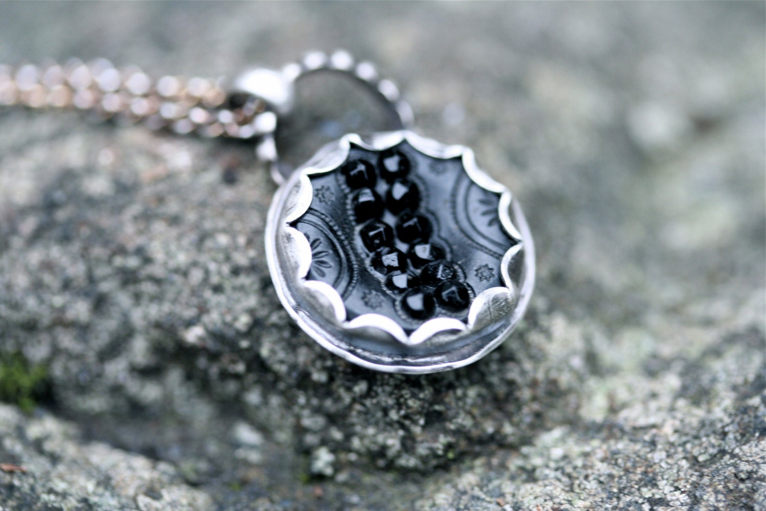 Noir vintage button necklace sterling silver