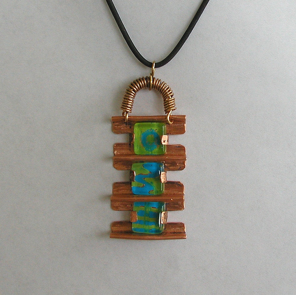 Fold Formed Copper Pendant with Glass Tiles