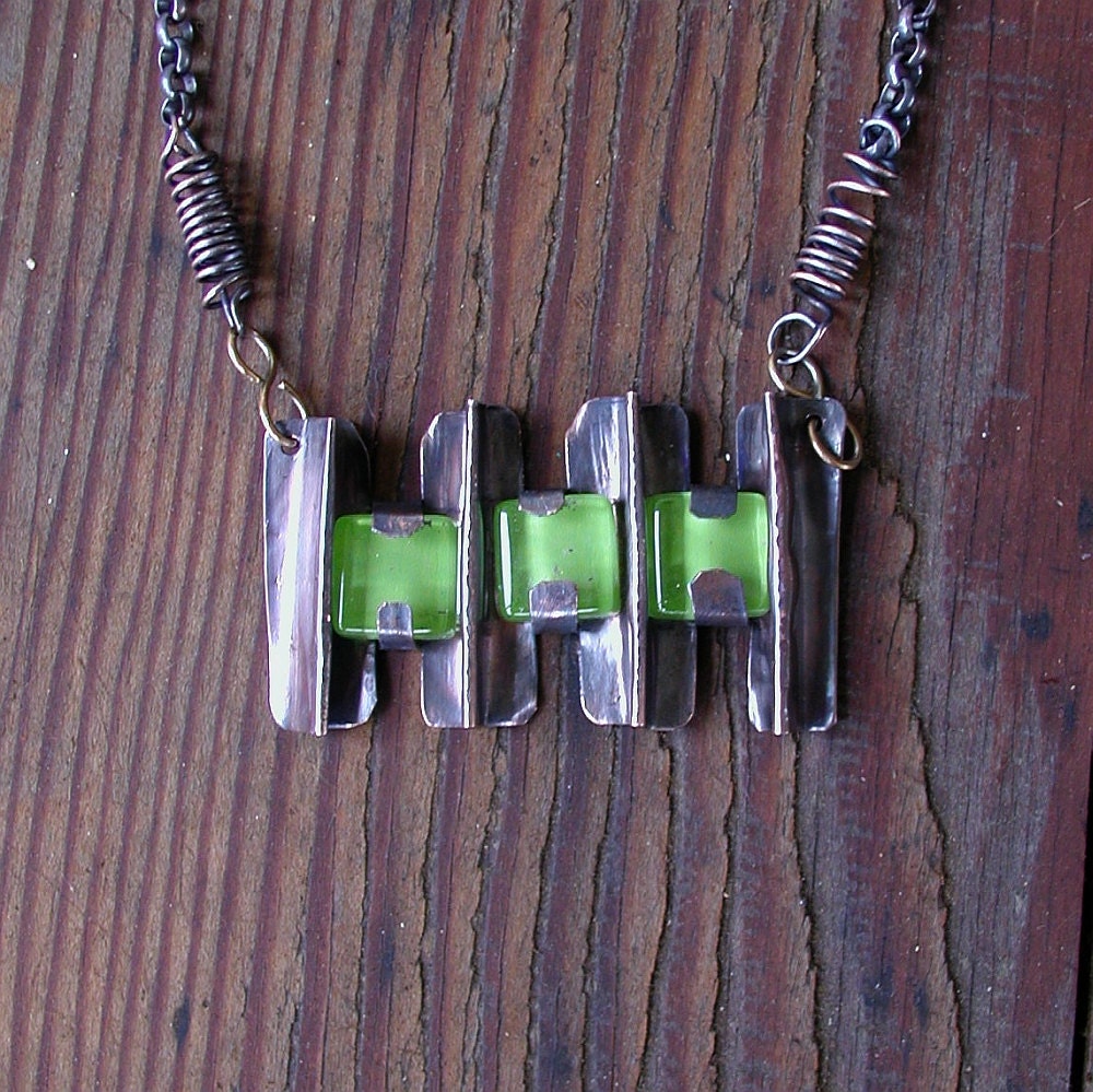Fold Formed Copper Pendant with Glass Tiles