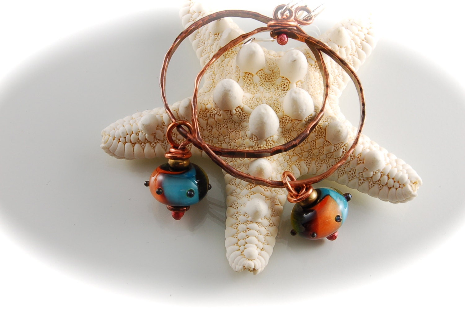 Rainbow Lamp Work Beads on Copper Hoops Earrings