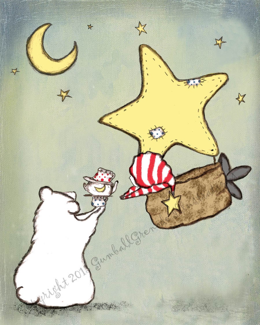 Baby Boy Nursery Artwork Print Polar Bear, Boy in Star balloon with Cocoa.  Aviators love Cocoa