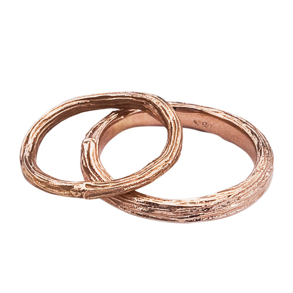 Rose Gold Wedding Band Ring Set -  Branch and Twig Design - 18K Recycled Gold - For Him and Her