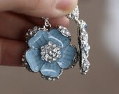 Rhinestone bridal earrings blue flower dangle weddings silver