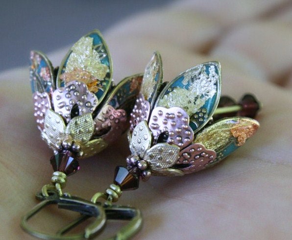 Flower dangle earrings summer fashion romantic teal copper gold