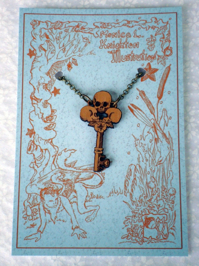 Skeleton Key Pendant, companion necklace, engraved alder wood