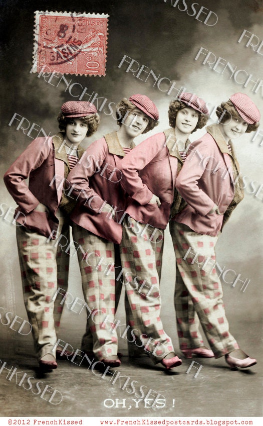 Instant Download CHECKERED Past DIGITAL Scan  Women in Pink Suits Antique French postcard Digital Scan