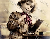 2 Instant Downloads Victorian School Boy with Slate antique French postcard and ATC GRADUATION Digital Scans