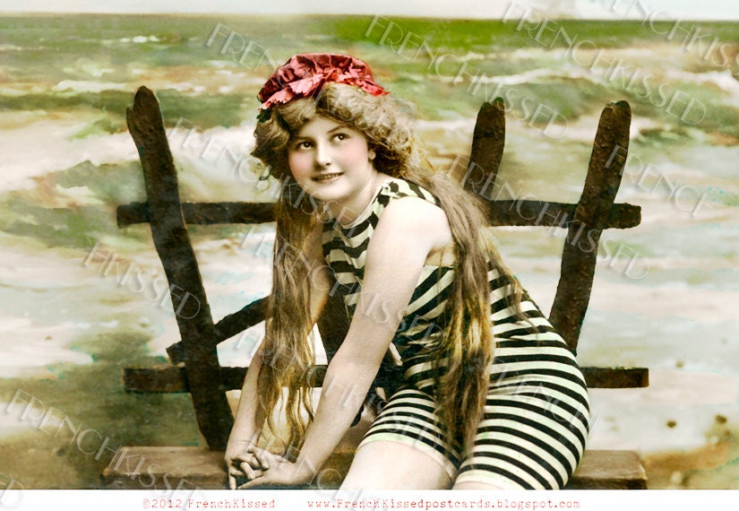 Instant Download French Bathing Beauty Girl in Stripes Long Hair antique postcard DIGITAL scan