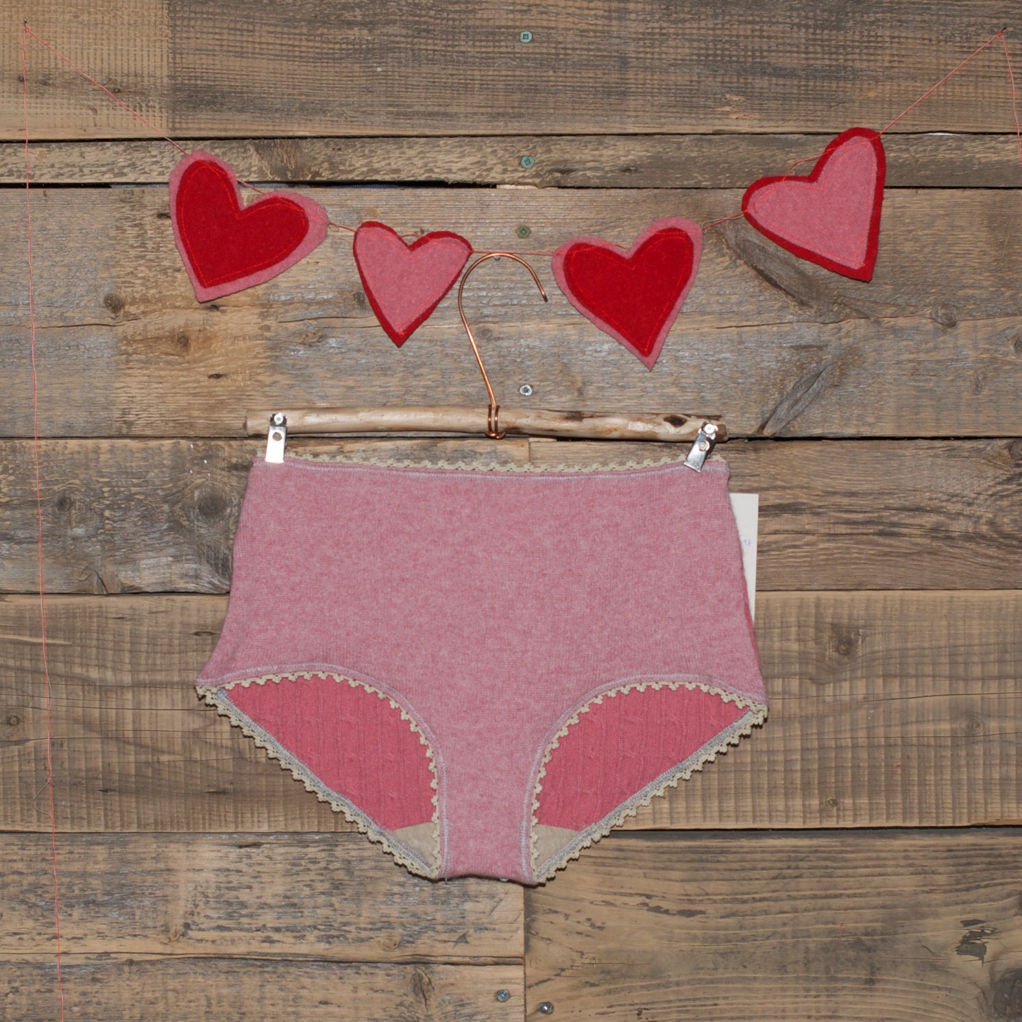 SALE /// SIze S  classic cut undies cashmere mid-pink front/darker pink cableknit back
