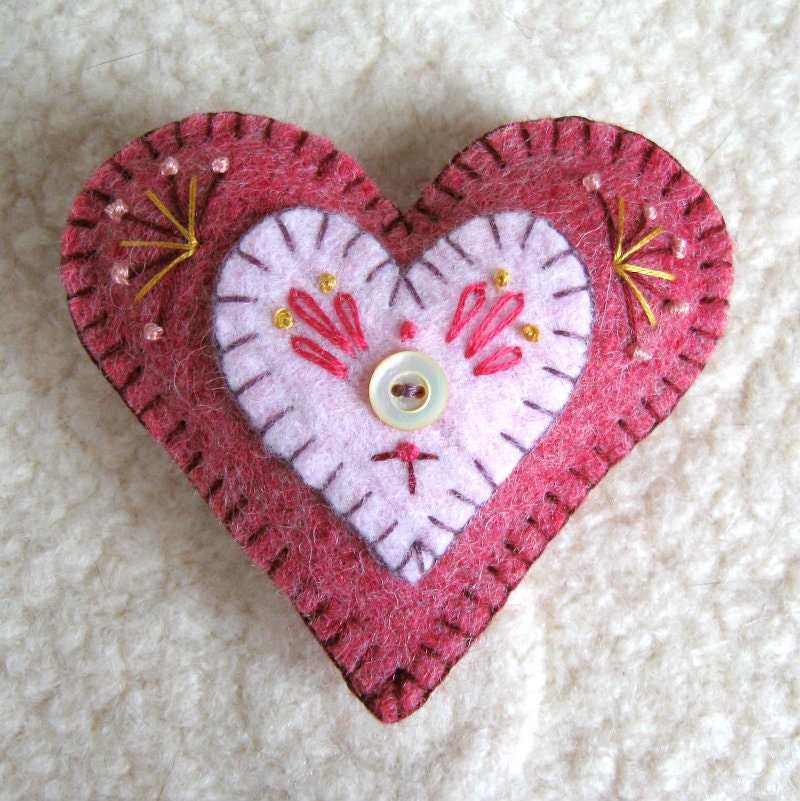 Pink Heart Felt Brooch, Embroidered Upcycled Sweater Wool Pin