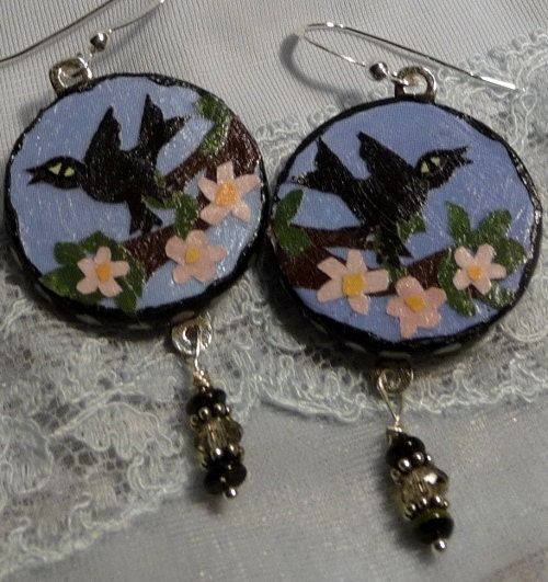 Handmade, original Raven with flowers earrings, on wood circles, sterling wire