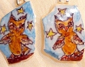 OOAK Brown Owls Earrings on Pottery Shard, drawn by hand