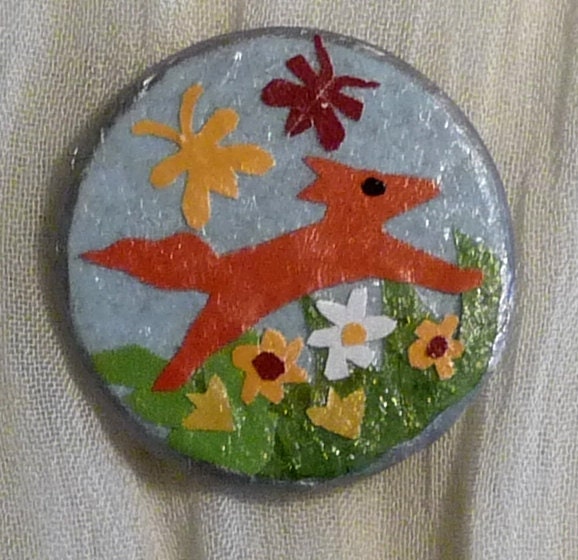 Handmade, original fox pin with flowers and butterflies