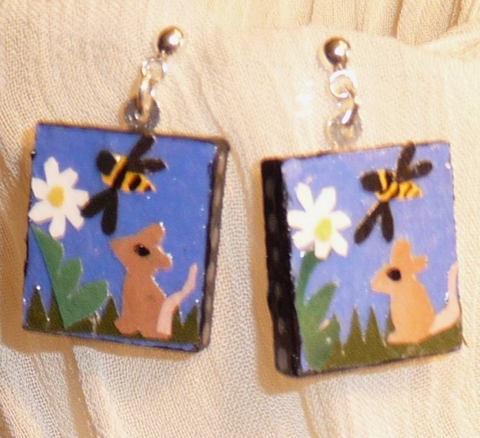 Handmade, original Field mouse and bee earrings, on scrabble tiles, sterling earring posts