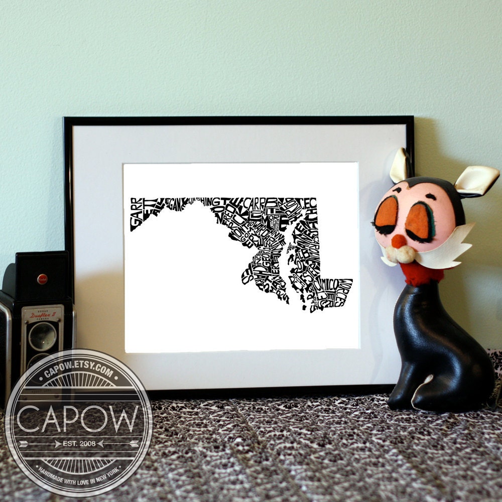 Maryland - typography map art print 5x7 - customizable personalized state poster custom wall decor engagement wedding housewarming gift
