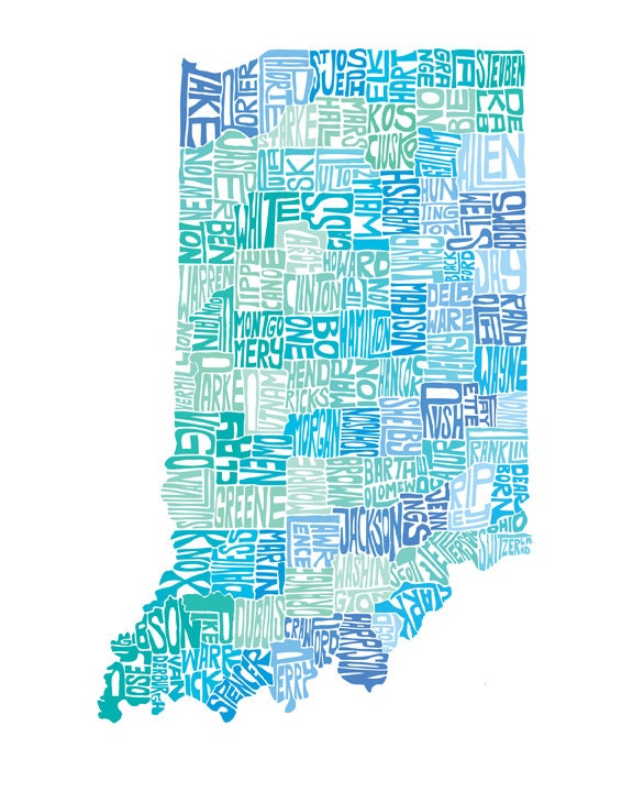Indiana -  typography map art print 8x10 - customizable personalized state poster custom wall decor engagement wedding housewarming gift