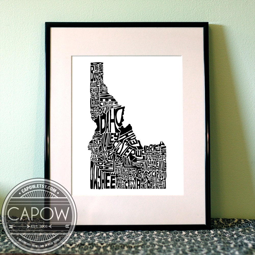 Idaho - typography map art print 8x10 - customizable state poster custom wedding engagement graduation gift anniversary wall art decor