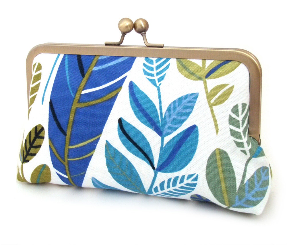 Primavera clutch bag : handmade silk-lined purse, cobalt blue, indigo, green, Scandinavian fabric print, gift box