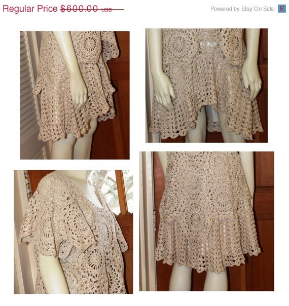 May Sale Wedding Pearl Gold Beaded Hand Crocheted Asymmetrical Lace Hipster Skirt Tunic Dress OSFM by Annie Briggs 'JO V'