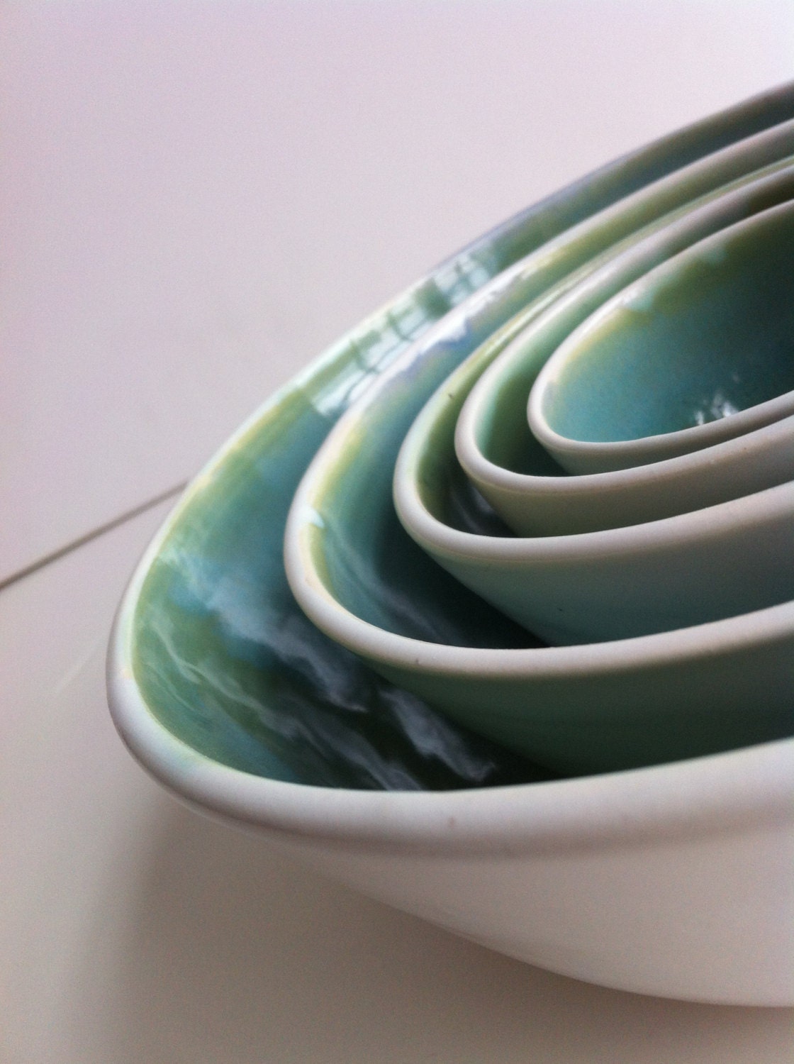 Wheel Thrown White And Green Porcelain Nesting Bowls
