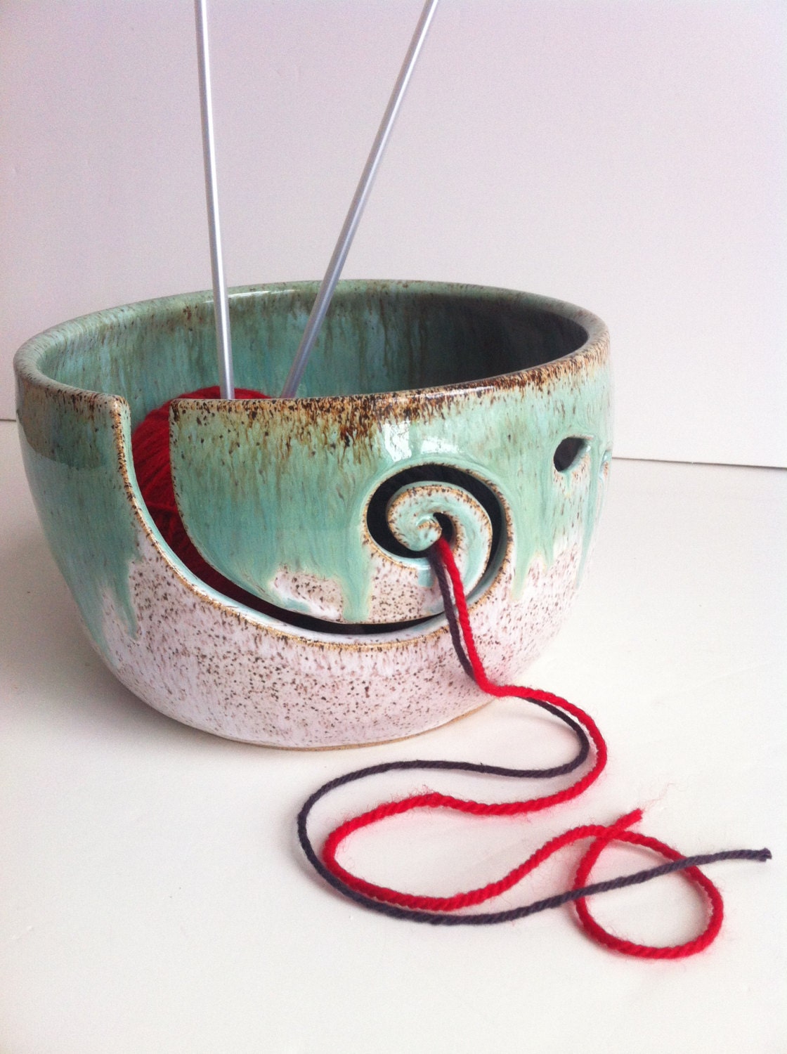 Large Size White Green Wheel Thrown Yarn Bowl - Made to order