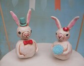 Turquoise Red and White Bunnies in Love Folk Art wedding cake topper