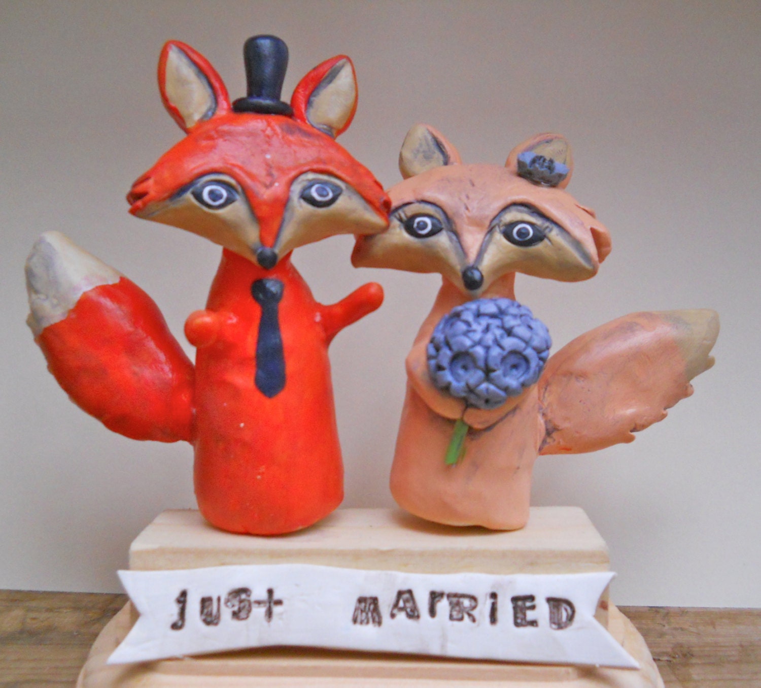 Red Foxes in love Wedding cake topper with purple accents for your Rustic Wedding