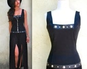 Vintage 80s 90s Black Magic Leather Trimmed Illusion Dress