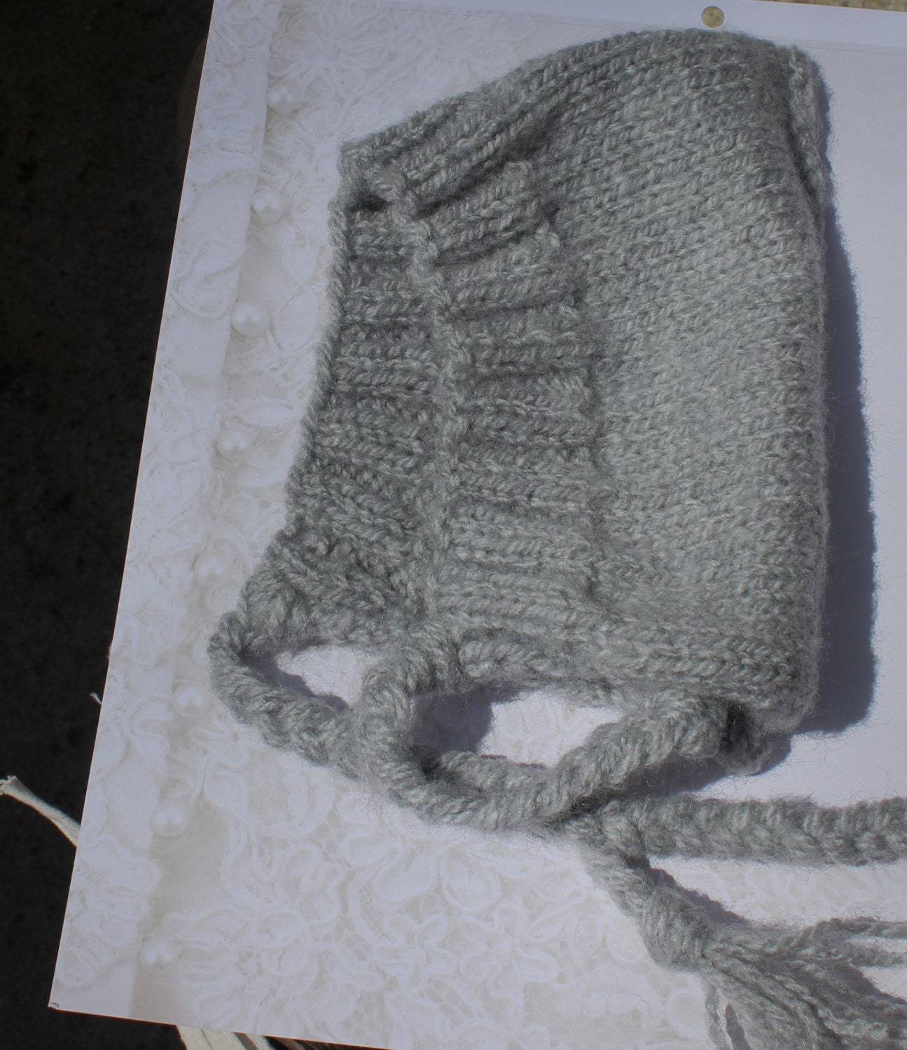 Hand Knit Newborn Baby Boy Gray Pixie Hat-Bonnet With Ties- Custom Made Photo Prop