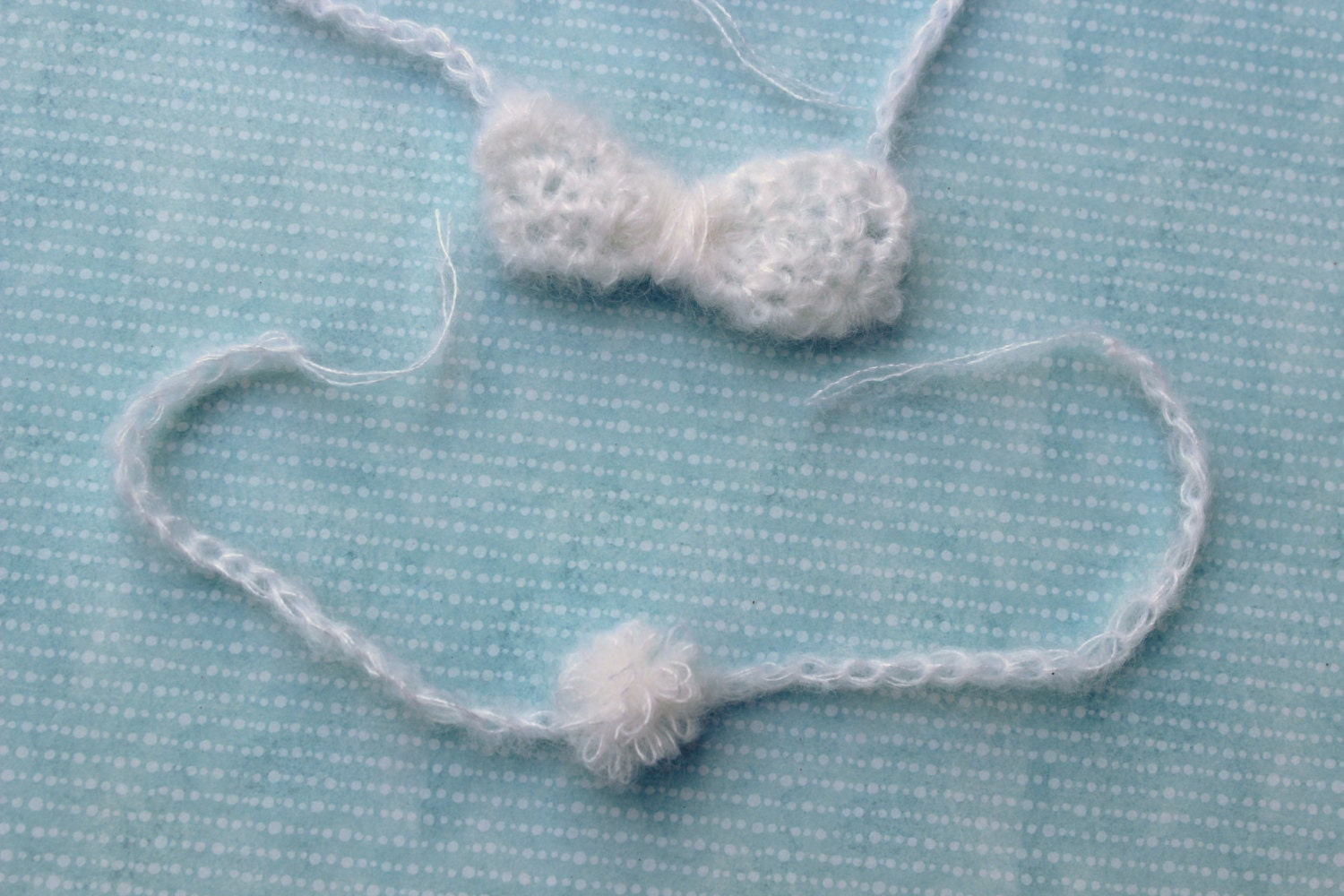 Newborn Set of White Mohair Puff Flower and Bow Headband Tiebacks
