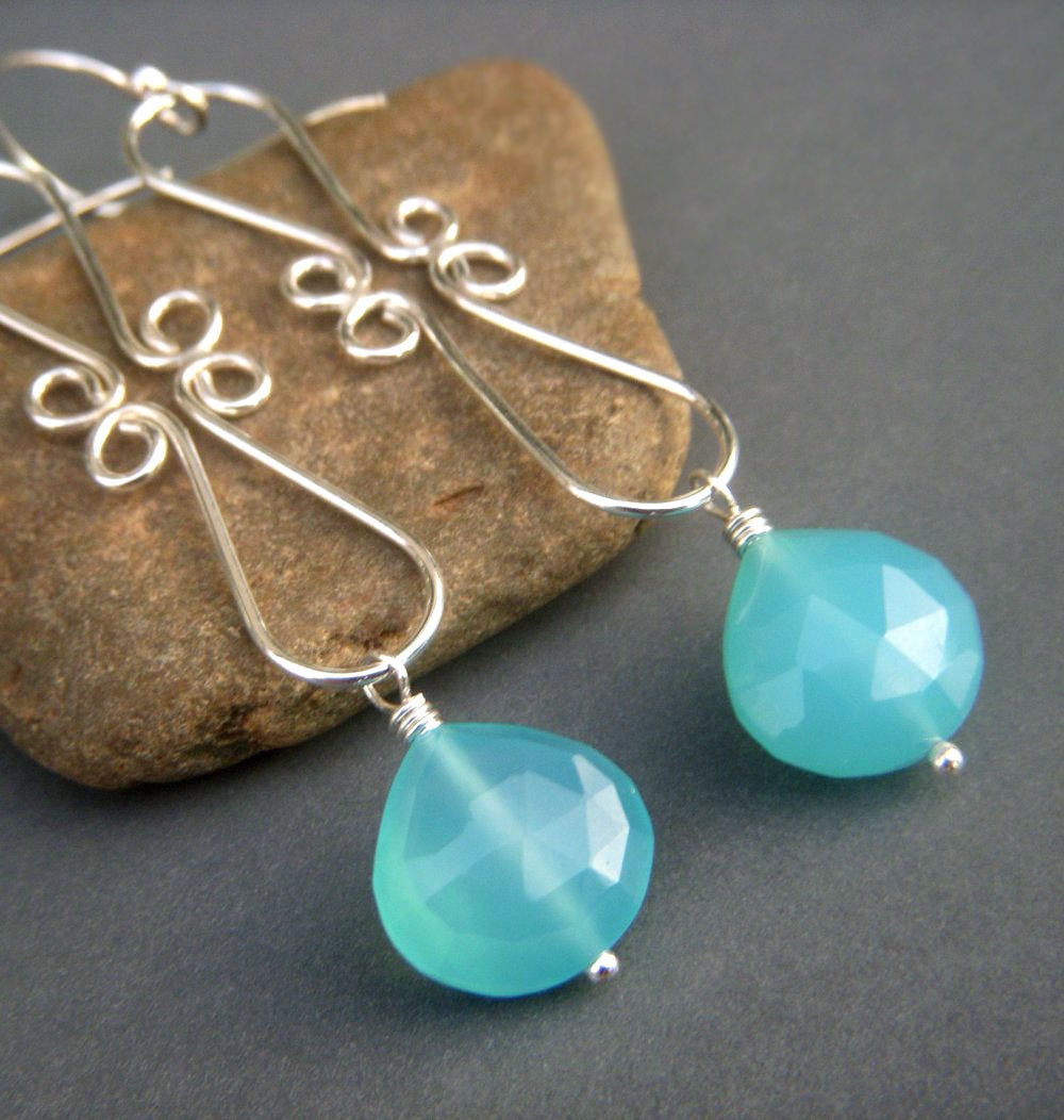 Aqua Chalcedony Earrings on Sterling Silver . Chandelier Torched Forged Blue Gemstone . Breezy