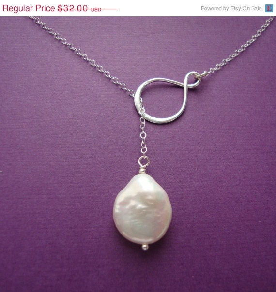 ON SALE Infinity Lariat Fresh Water Coin Pearl- sterling silver- bridal jewelry, maid of honor, bridesmaids gifts