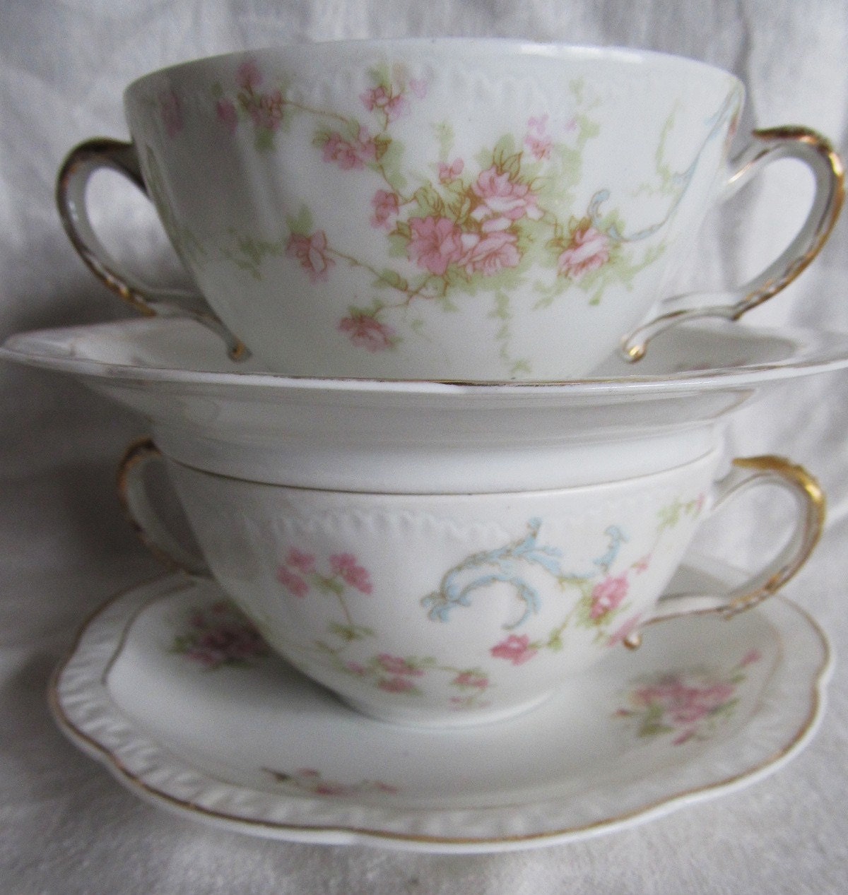 Antique Set Of 2 Princess Haviland And Co Limoges France Bouillon Cups With Bavaria Saucers, Mix Match