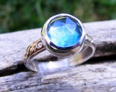 London Blue Topaz Silver Ring,  Rose Cut Blue Topaz Ring, Vintage Like Pattern Silver Ring Band, December Birthstone Jewelry