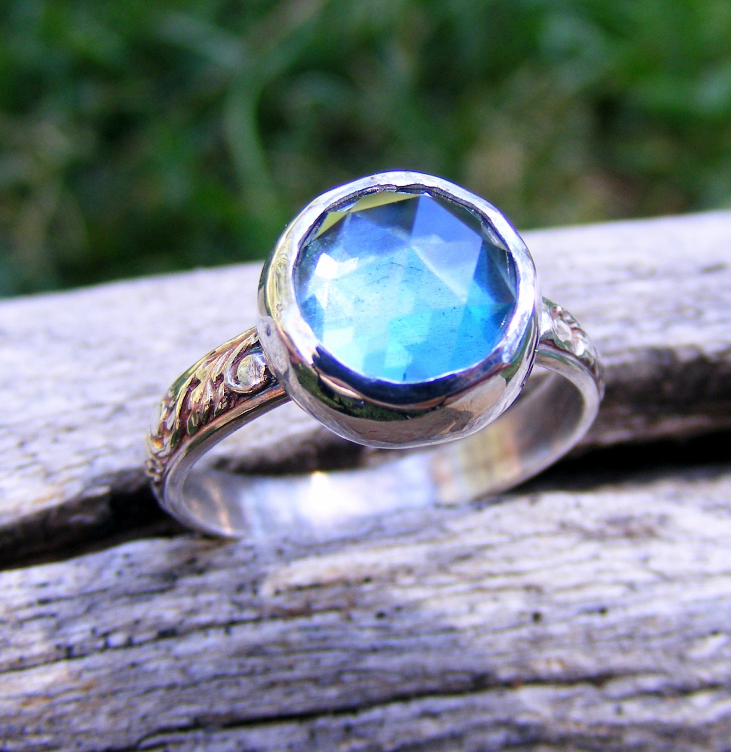 London Blue Topaz Silver Ring,  Rose Cut Blue Topaz Ring, Vintage Like Pattern Silver Ring Band, December Birthstone Jewelry