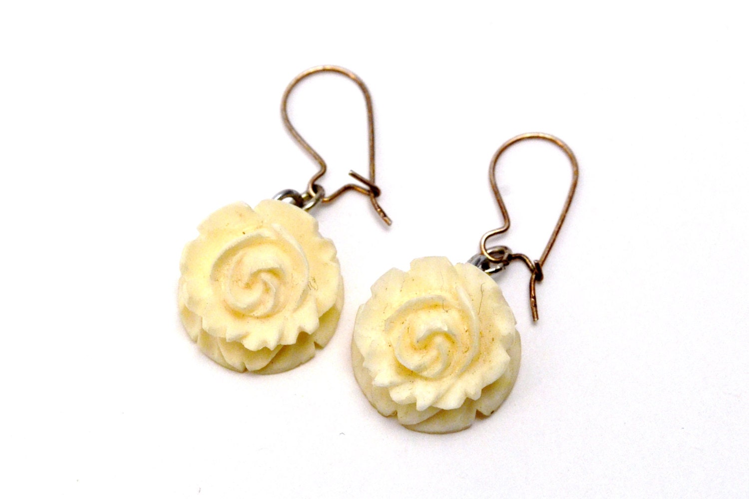 Vintage pre-ban ivory carved rose dangle charm earrings