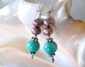 Turquoise, Silver Earrings w/ Dusky Rose Pearls