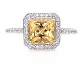 14K Golden Honey Topaz Diamond Ring Gemstone Engagement Ring Custom Princess Halo Setting White Yellow Rose Gold