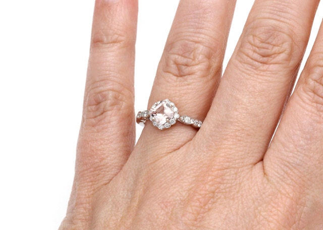 Asscher Morganite Engagement Ring 14K Morganite Ring Diamond Halo Custom Bridal Jewelry
