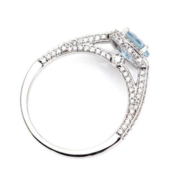 Aquamarine Engagement Ring Diamond Halo 14K White Yellow Rose Gold 18K Platinum Palladium Bridal Jewelry