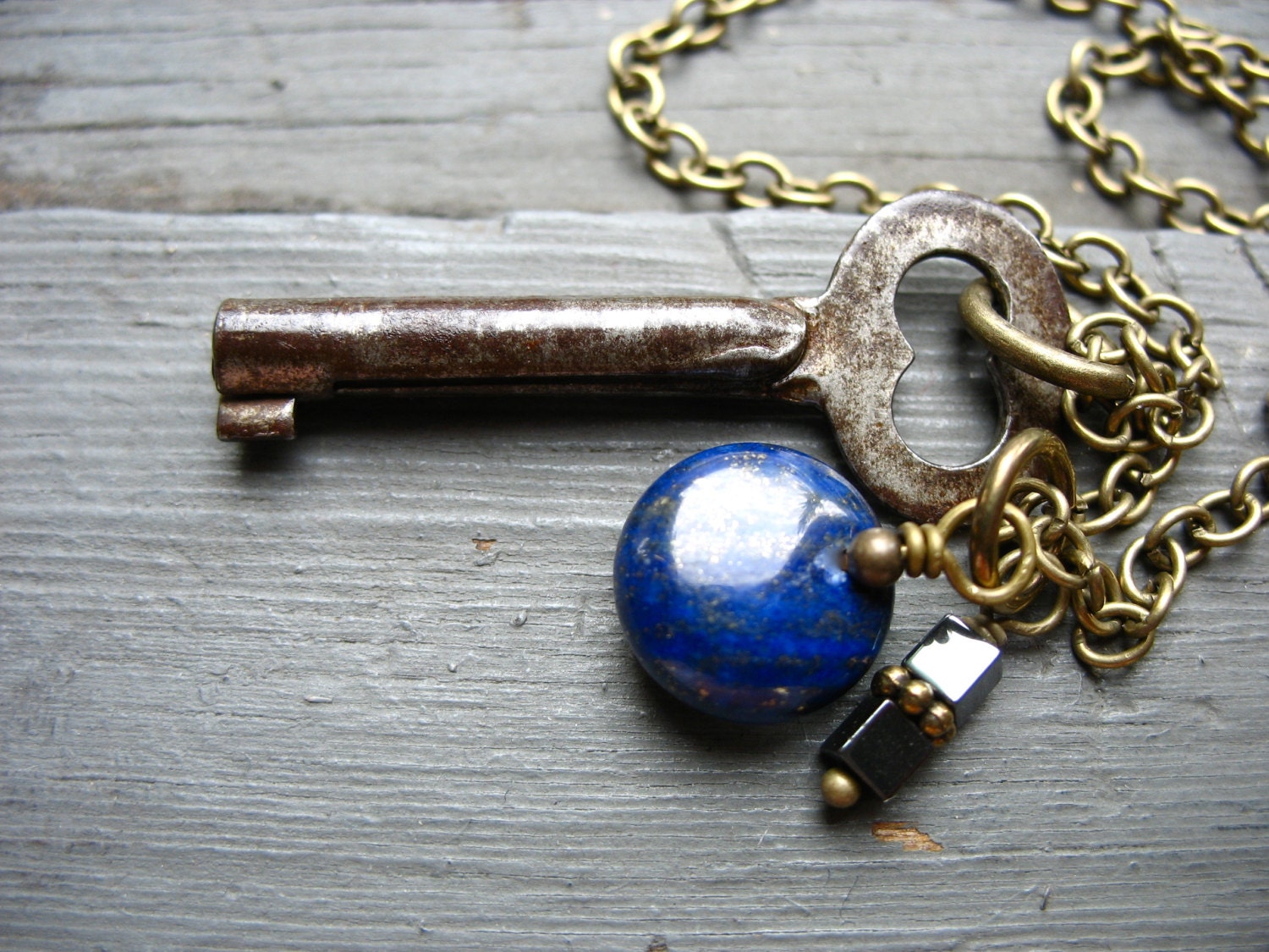 Skeleton Key Necklace, Lapis Lazuli Hematite Stone Necklace, Handmade Artisan Jewelry, FREE Shipping