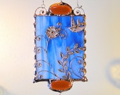Sparrow with Leaves and Flower on Handmade Glass.