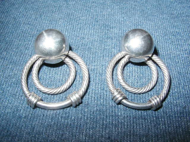 925 Sterling Silver Ball Double Round Twisted Ring Shape Pierced Earrings 23.1 grams