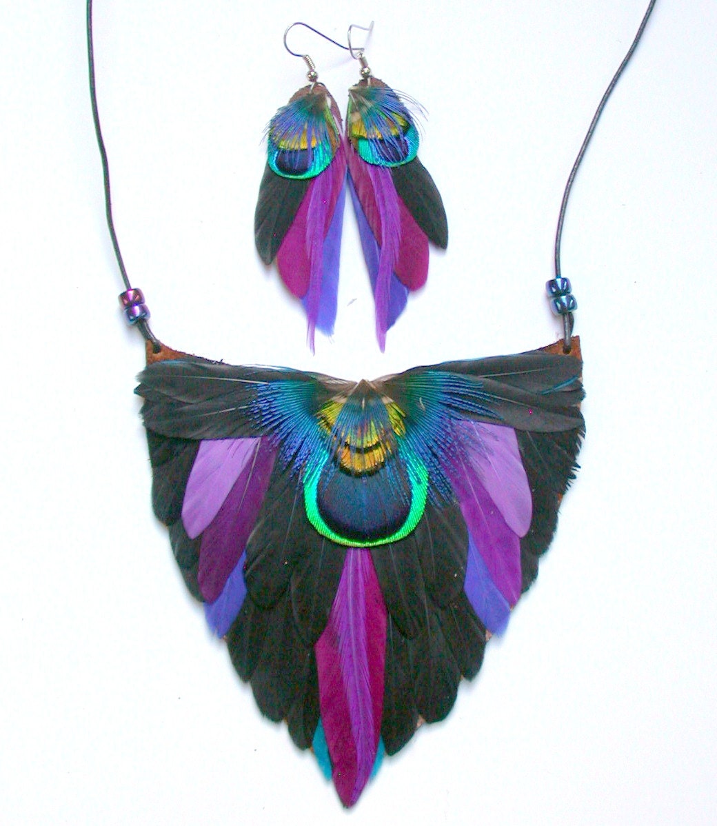 Black Orchid Peacock Feather Earrings and Peacock Feather Necklace- Ready to Ship