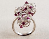 SALE: Wrapped Silver and Garnet Ring, Triple Satellite Cluster, charm ring, size 6