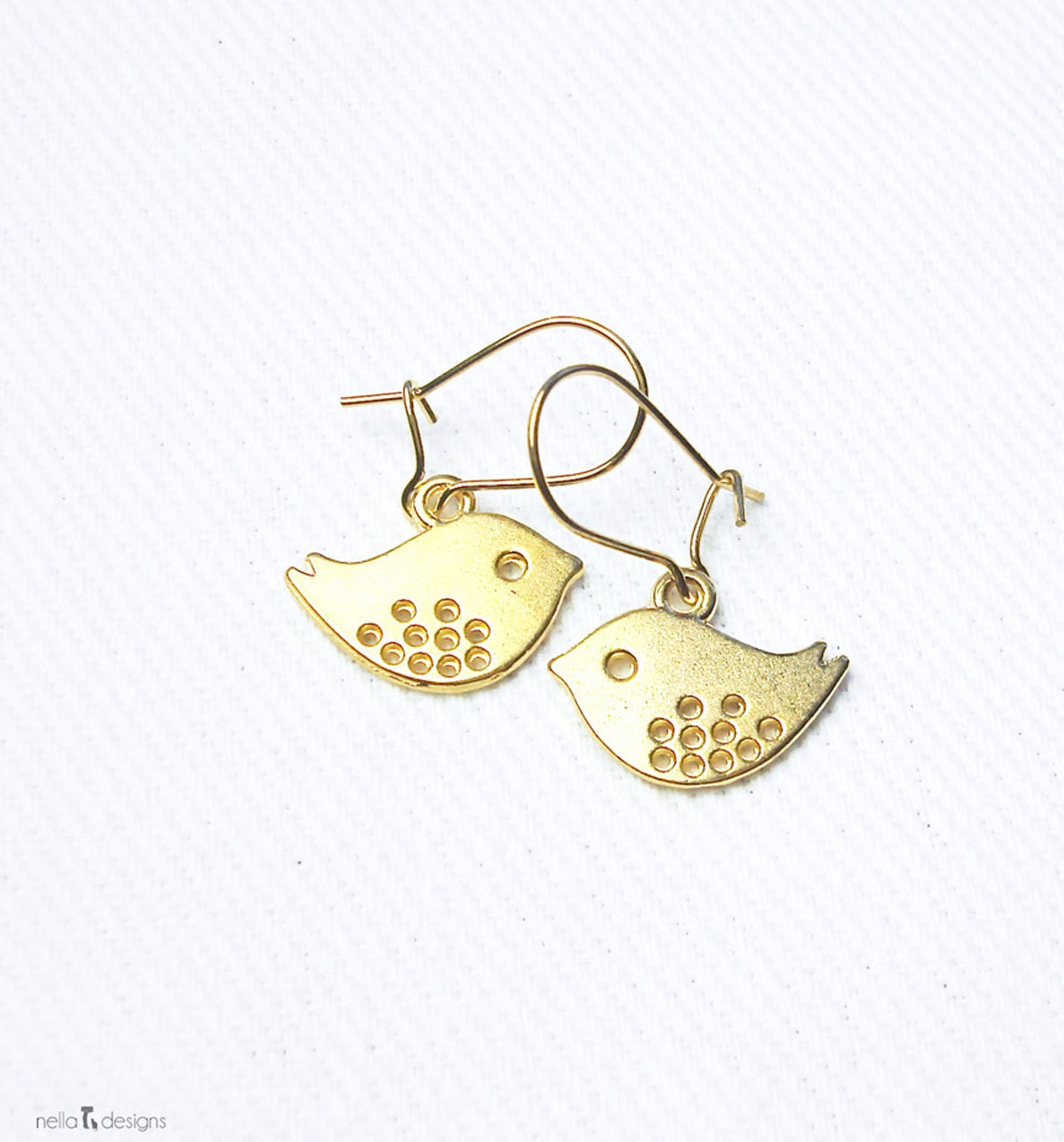 Gold Bird Earrings, Spotted Bird Charms