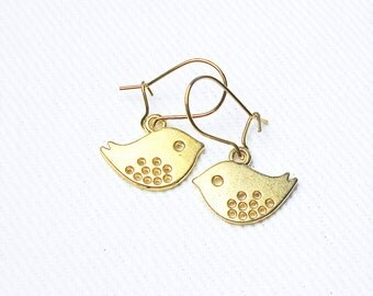 Gold Bird Earrings, Spotted Bird Charms