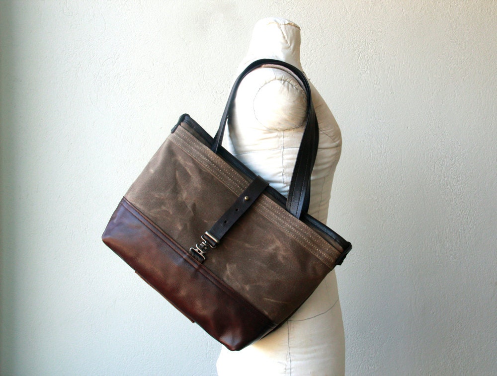 1913 CLASSIC TOTE  with English Oxblood leather base -  waxed canvas tote - fits a 13" laptop