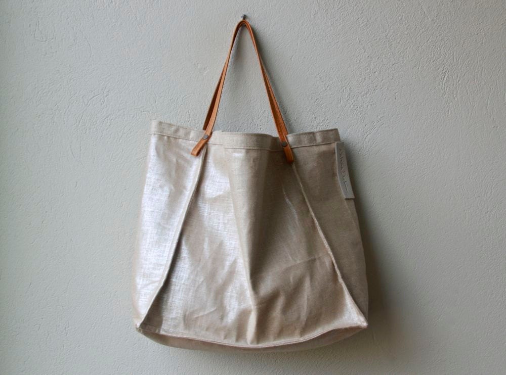 LACQUERED LINEN Summer Shopper - lacquered linen with leather straps & interior side pocket - ships today